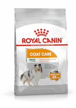 Royal Canin Mini Coat Care dog food bag for small dogs, promotes healthy shiny coat in 28 days
