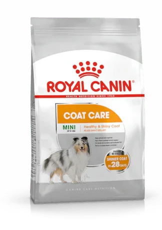 Royal Canin Mini Coat Care dog food bag for small dogs, promotes healthy shiny coat in 28 days