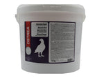 10 kg white plastic bucket of Ostrea Minerals Red mineral feed for pigeons with label and red accent