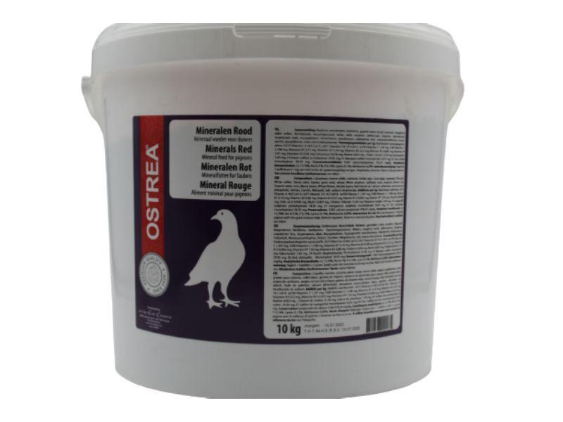 10 kg white plastic bucket of Ostrea Minerals Red mineral feed for pigeons with label and red accent