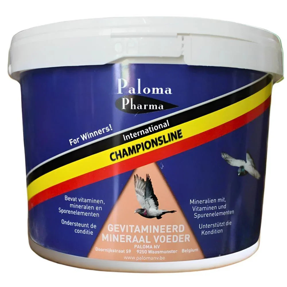 Paloma Pharma International Championsline vitamin mineral pigeon feed container with flying pigeon image