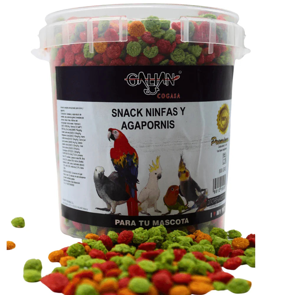 Gallin Cogasa colorful snack pellets for cockatiels and lovebirds in plastic container