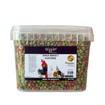 Transparent container of multicolor snack pellets for cockatiels and lovebirds with bird images on label