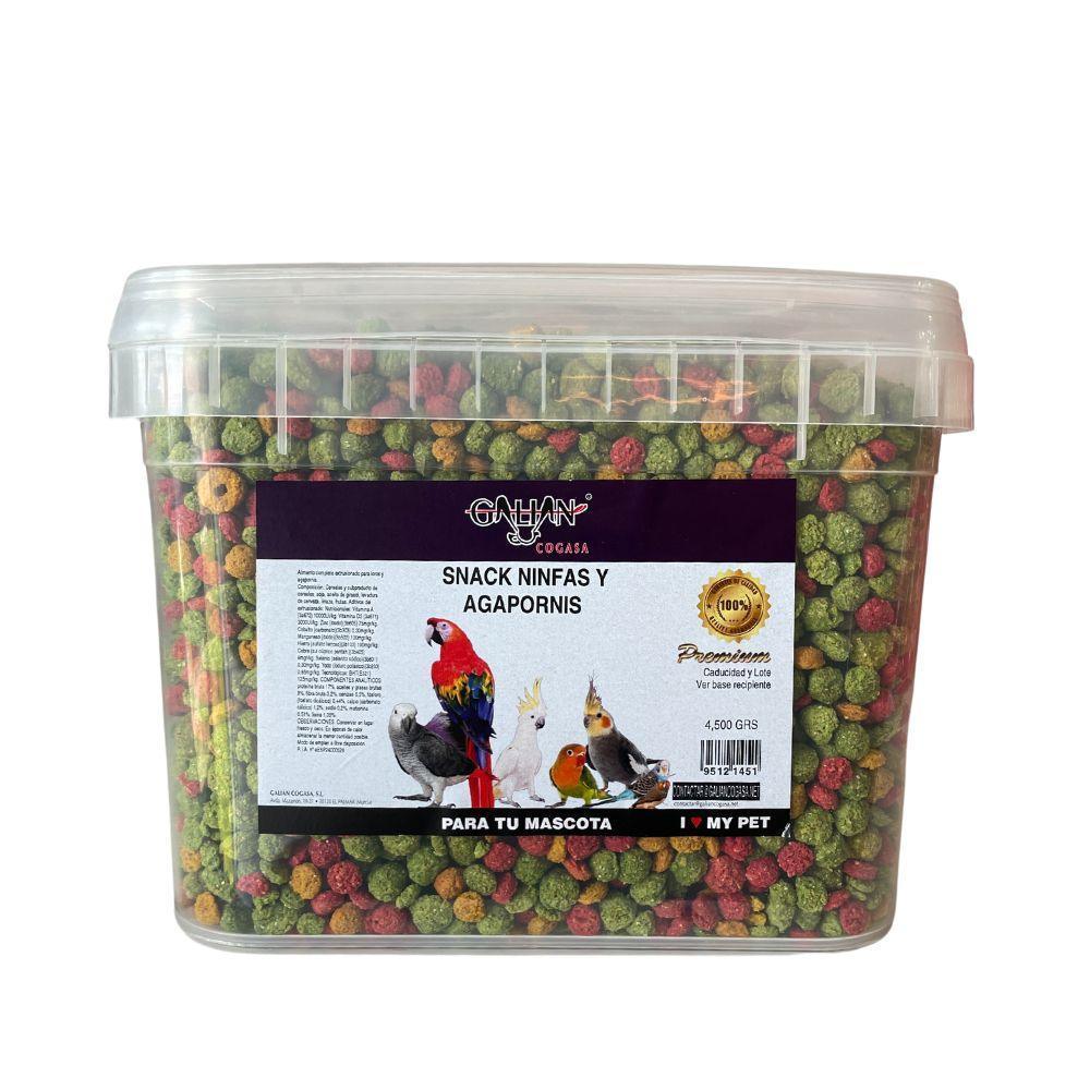 Transparent container of multicolor snack pellets for cockatiels and lovebirds with bird images on label