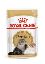 Royal Canin Persian adult cat wet food pouch, 85g, with image of Persian cat and food