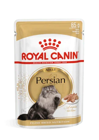 Royal Canin Persian adult cat wet food pouch, 85g, with image of Persian cat and food