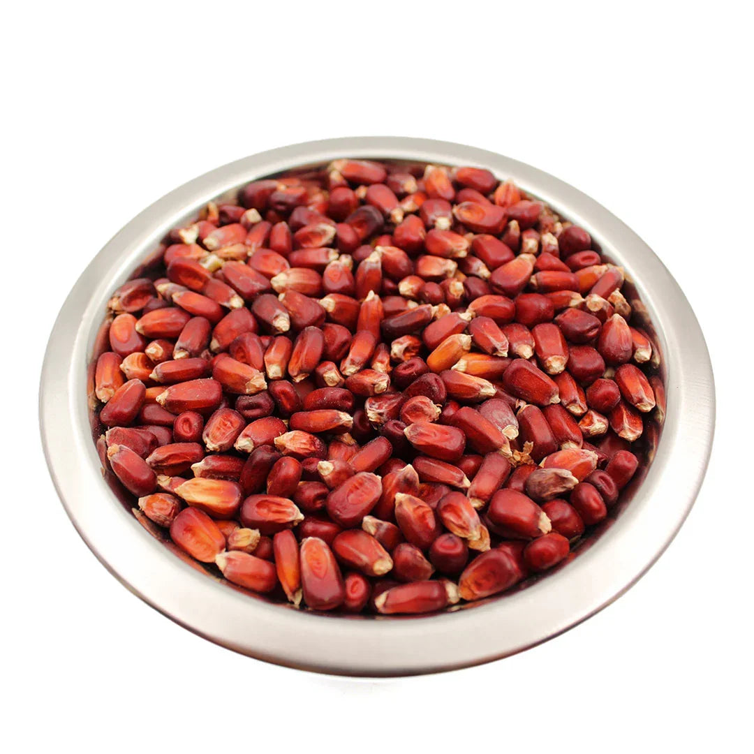 Metal bowl filled with dark red corn kernels on white background