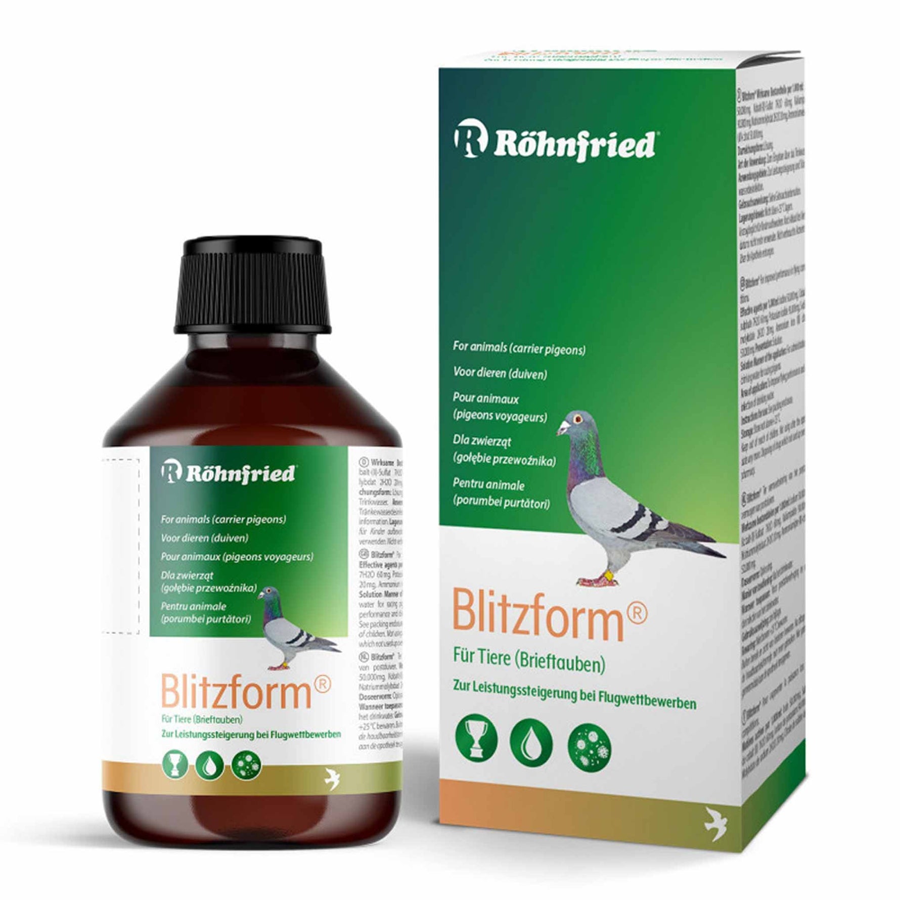 Röhnfried Blitzform 100 ml supplement for carrier pigeons with green and white packaging