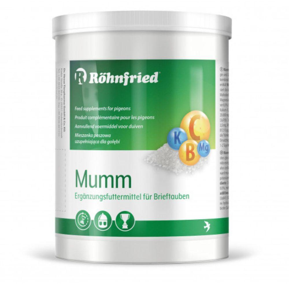 Röhnfried Mumm pigeon feed supplement container with mineral icons K, C, B, Mg on label