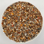 Close-up of a white bowl filled with mixed bird seeds including sunflower seeds, millet, and corn kernels