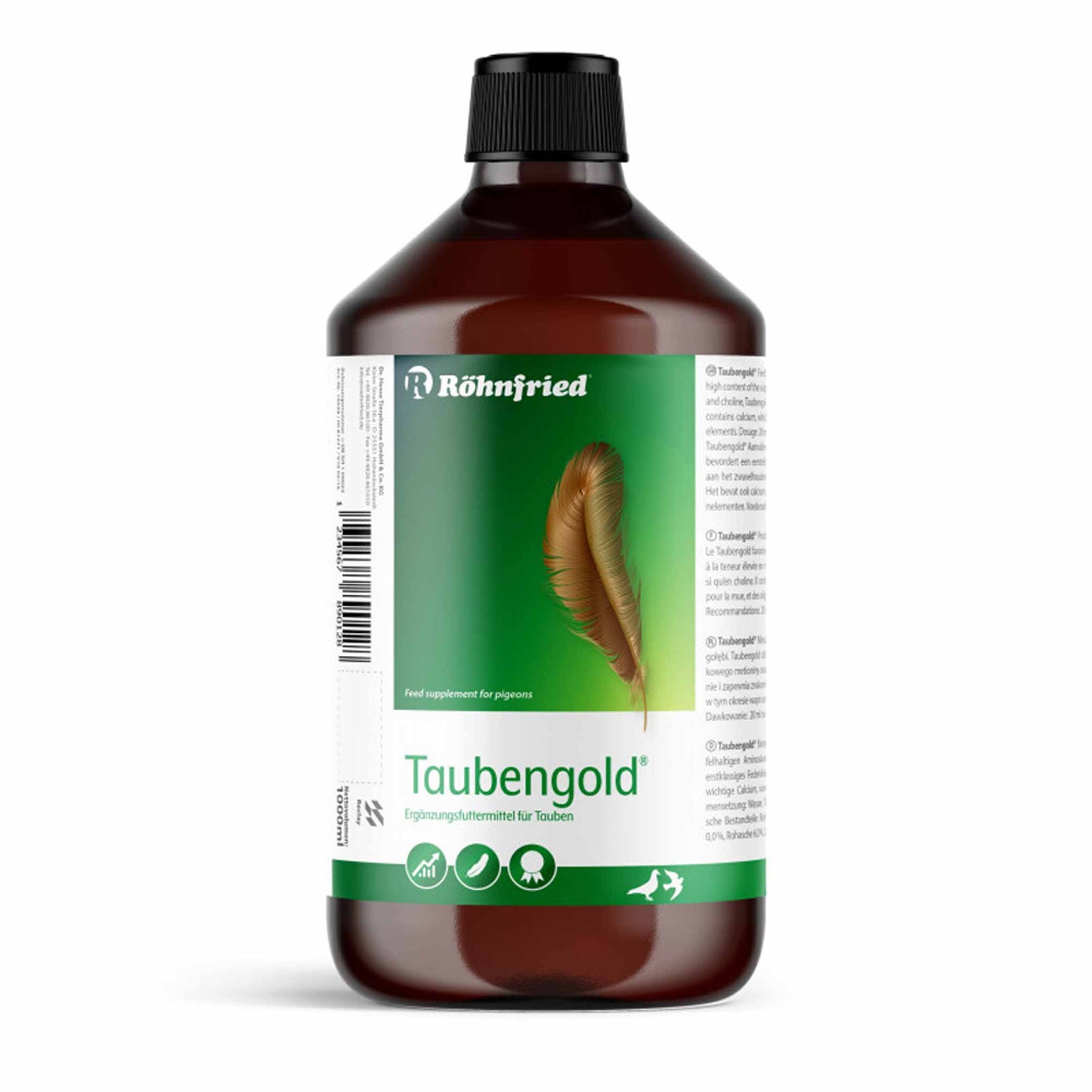 Röhnfried Taubengold 1000ml feed supplement for pigeons bottle with feather on green label
