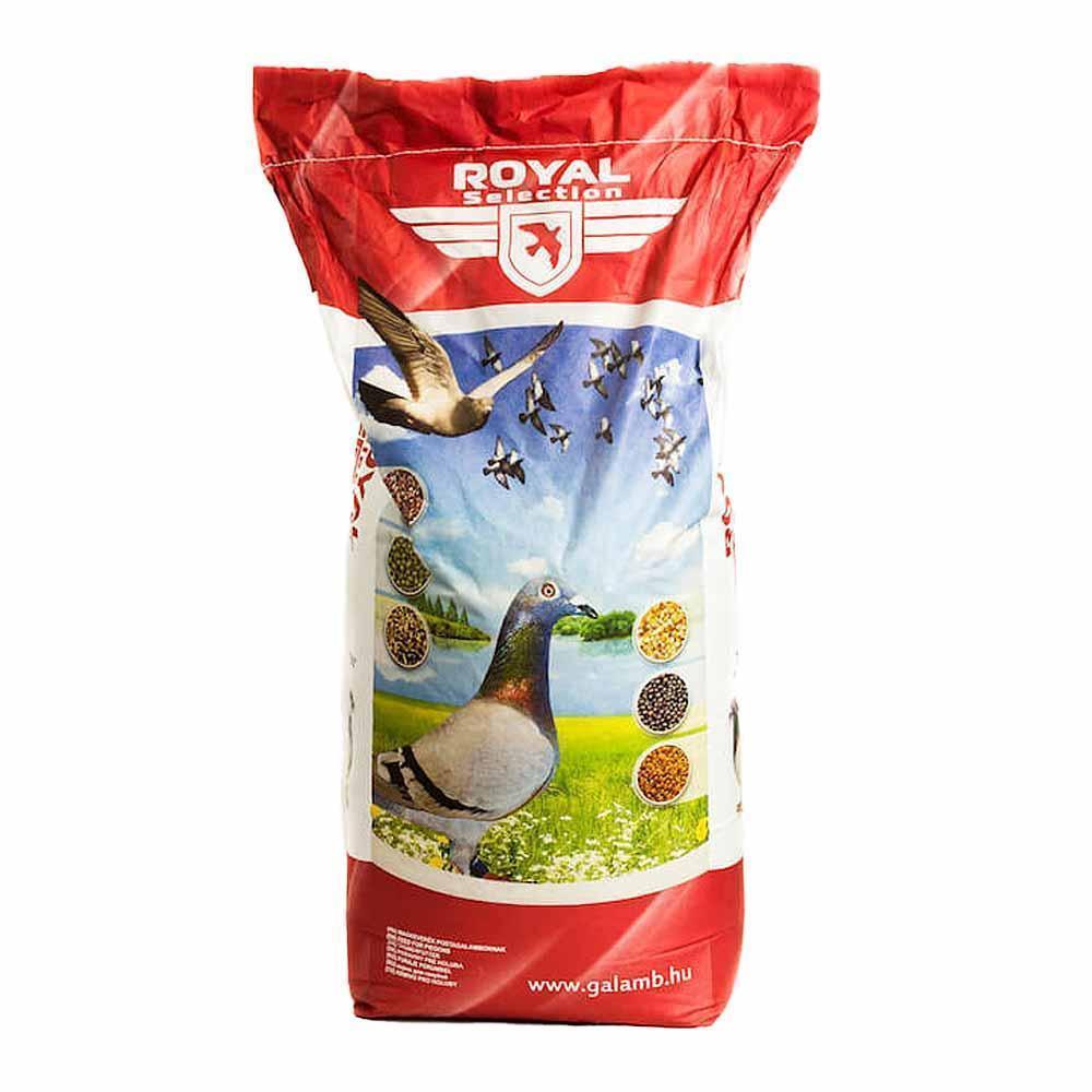 20 kg Royal Selection pigeon feed bag with colorful bird and seed images on field background
