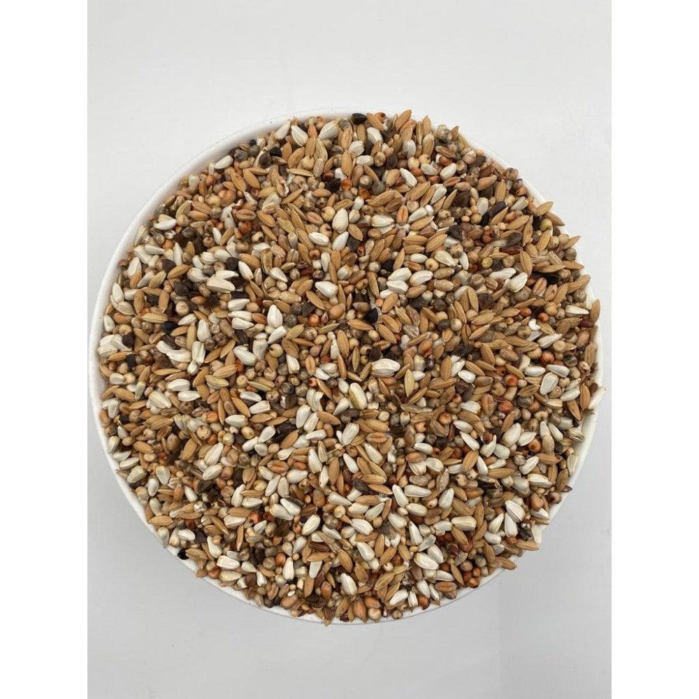 Close-up of a bowl filled with mixed birdseed grains in various colors on a white background