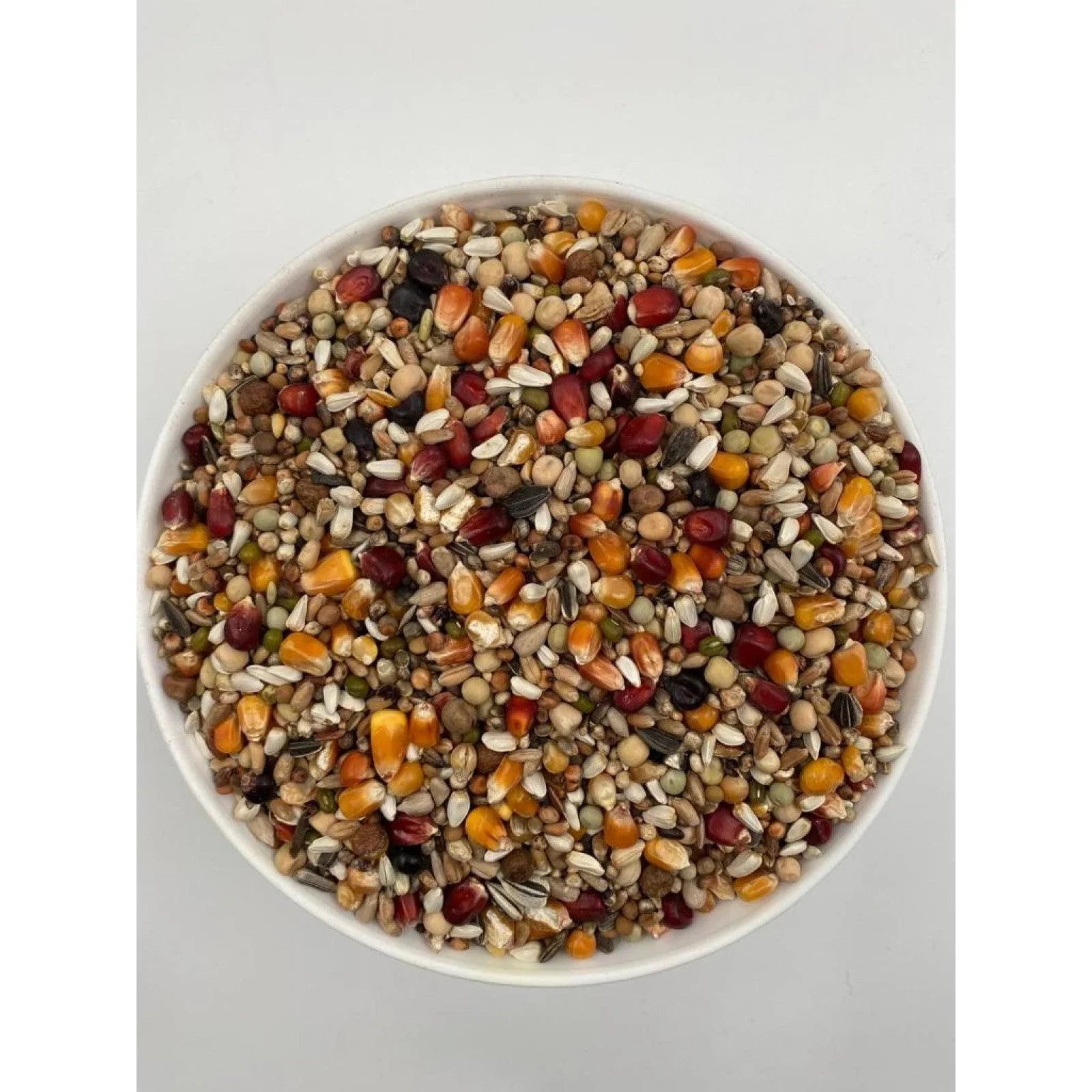 Close-up of mixed bird seed blend with corn, sunflower seeds, and millet in a white bowl