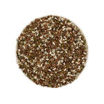top view of mixed pet food pellets and seeds in a round container on light background