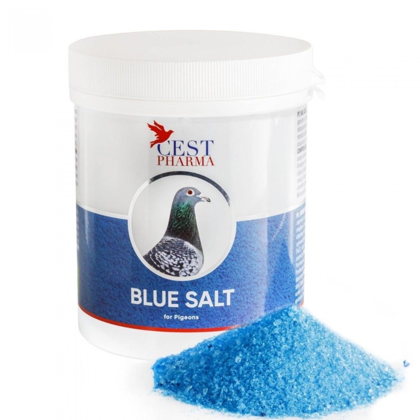 Cest Pharma Blue Salt container for pigeons with a pile of blue salt crystals