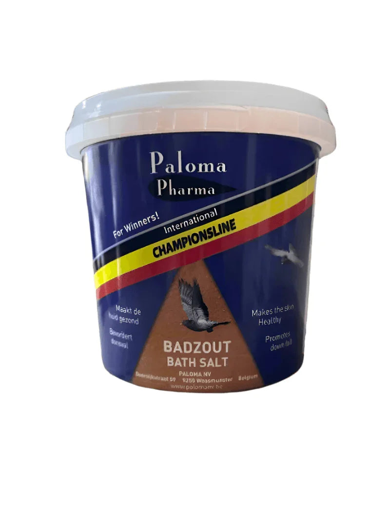 Paloma Pharma Badzout Bath Salt 700g container with blue, yellow, and red label and bird image