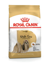 Royal Canin adult Shih Tzu dog food bag featuring long-haired Shih Tzu illustration