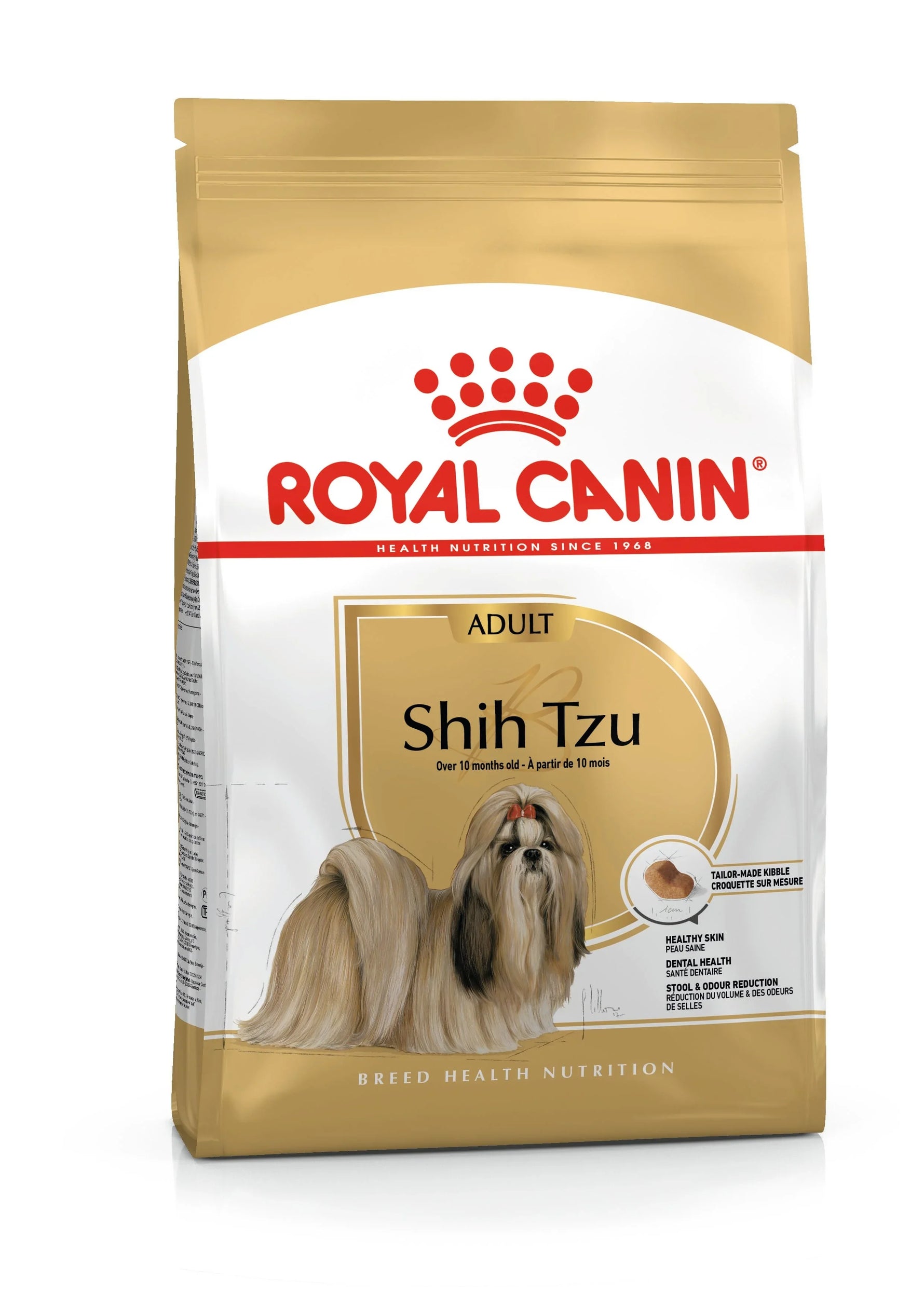 Royal Canin adult Shih Tzu dog food bag featuring long-haired Shih Tzu illustration