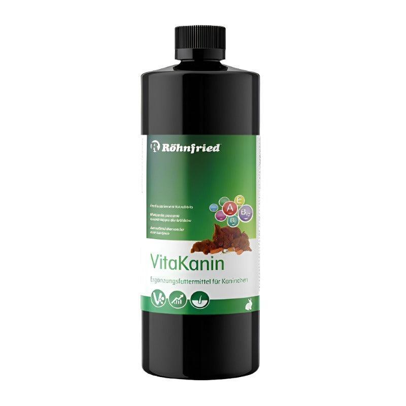 Black bottle of Röhnfried VitaKanin rabbit supplement with green label and vitamin icons