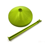 Green plastic cone feeder lid with matching support rod on white background