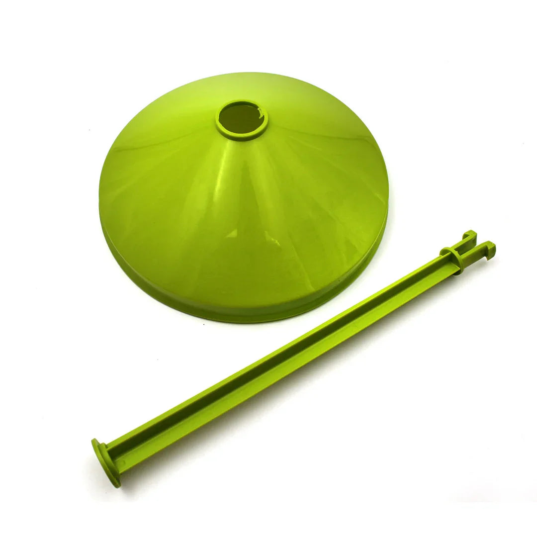 Green plastic cone feeder lid with matching support rod on white background