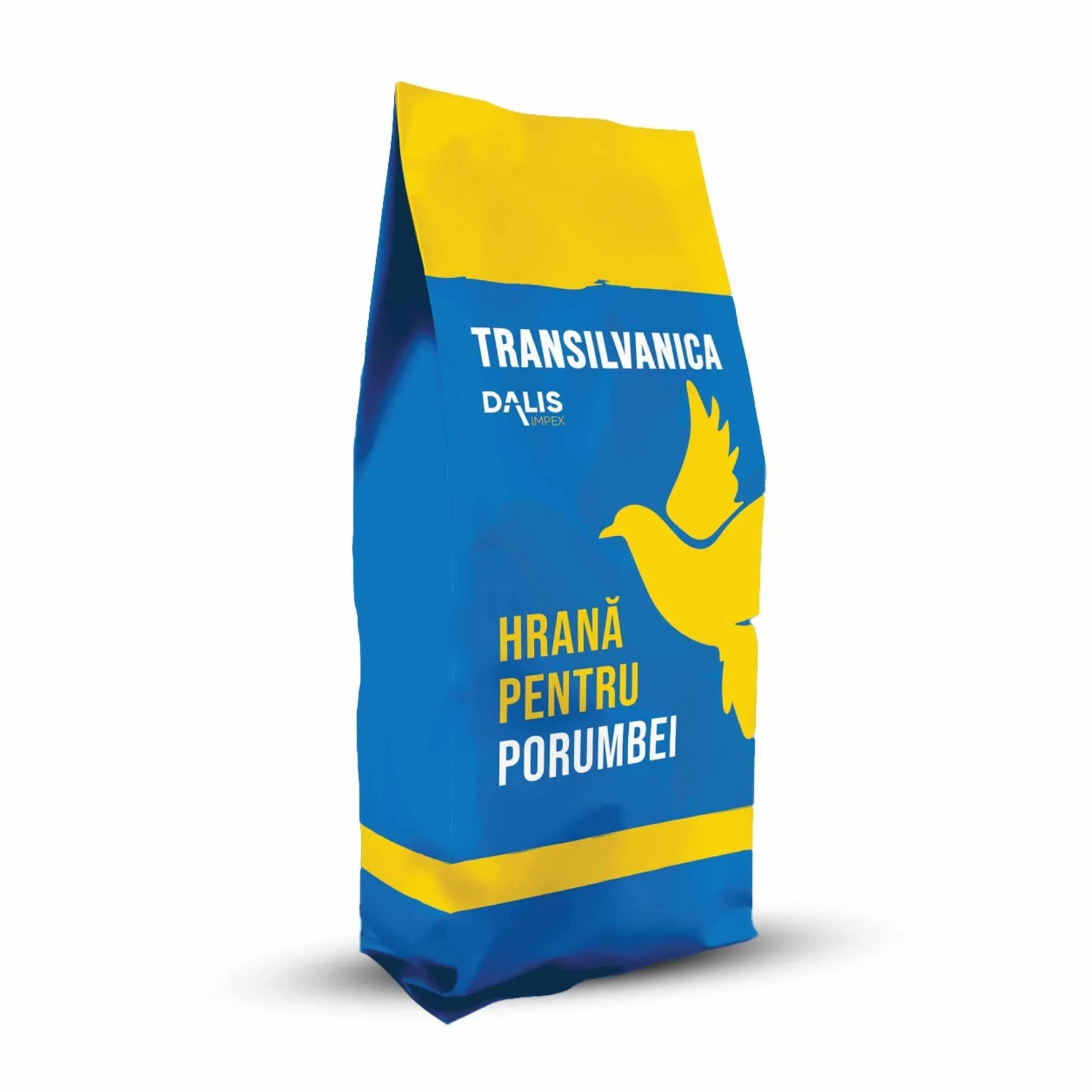 Blue and yellow Transilvanica 25 kg bag of Dalis pet pigeon food with a yellow pigeon graphic