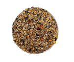 bowl filled with mixed bird seeds including corn, sunflower seeds, and grains on white background
